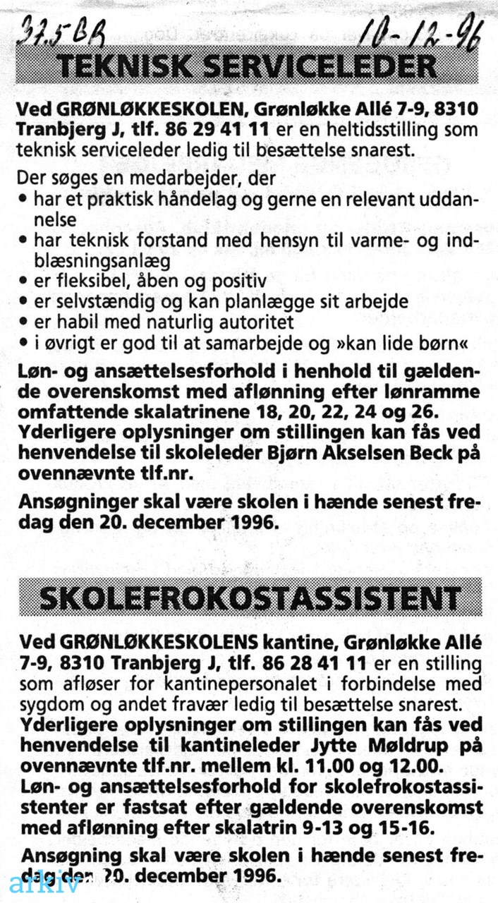 arkiv.dk | serviceleder- assistent..1996. Grønløkkeskolen.