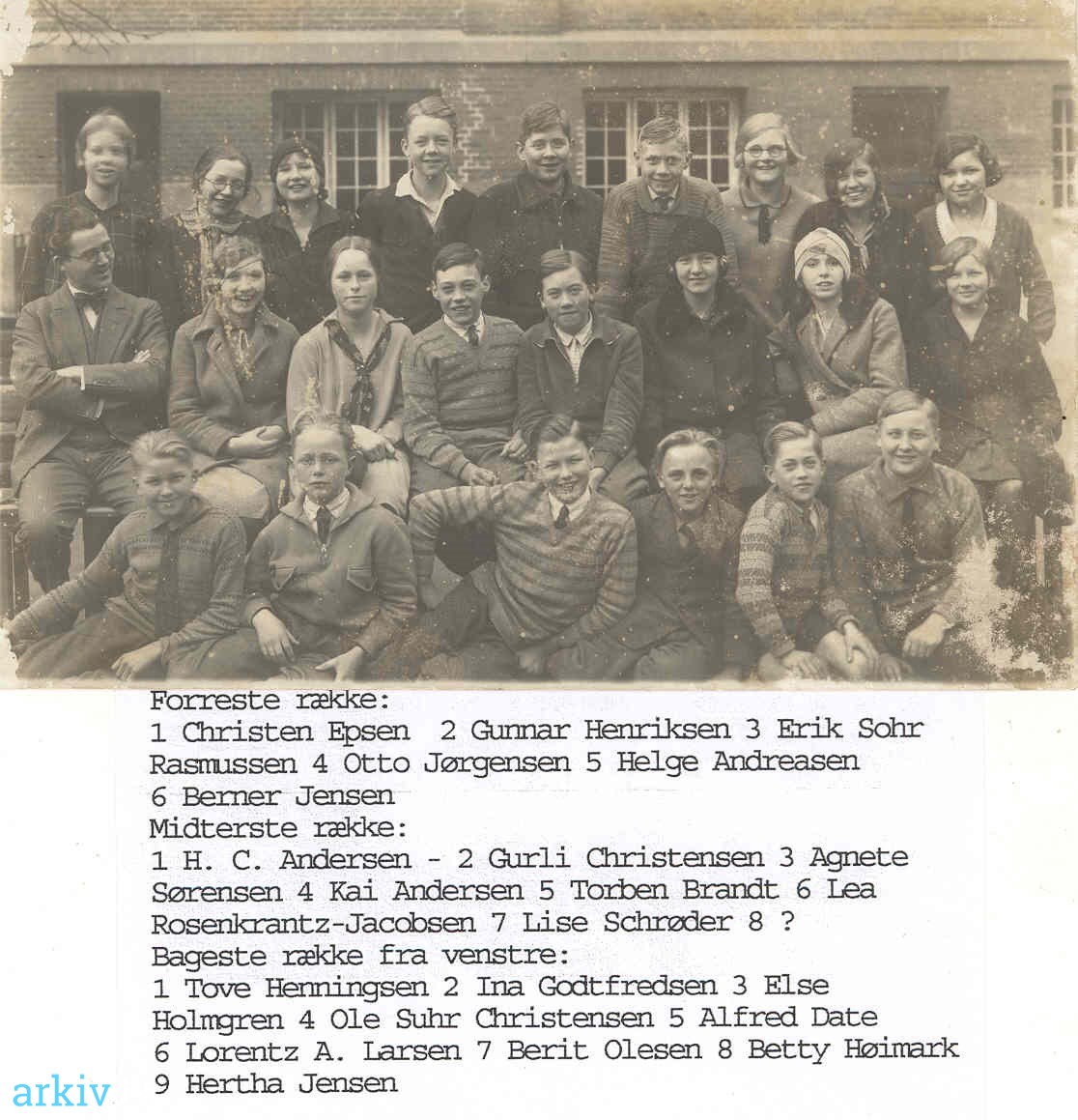 arkiv.dk | Nakskov Nørrevold 13, Nakskov: Mellemskoleklasse ca. 1928-29 Se bemærkninger for navne på personer der er identificeret