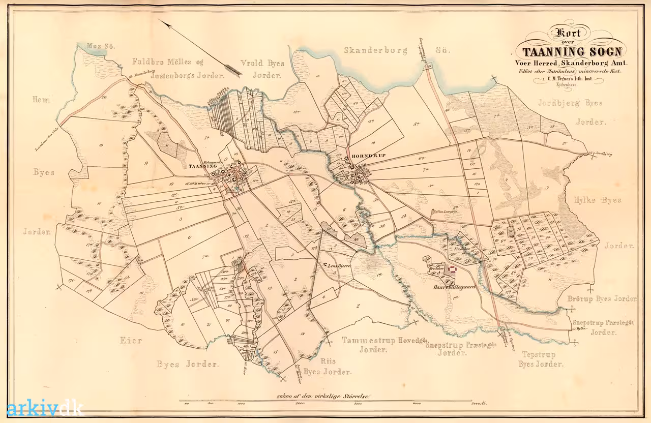 arkiv.dk Kort over Taaning Sogn, Voer Herred, Amt.