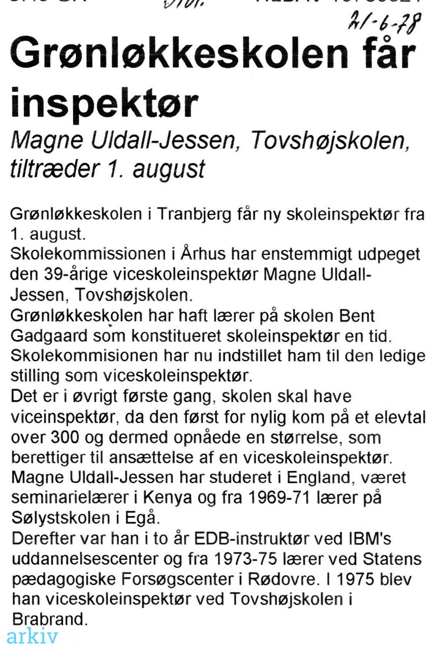arkiv.dk | Grønløkkeskolen får inspektør. Magne Uldall-Jessen, Tovshøjskolen, tiltræder 1.