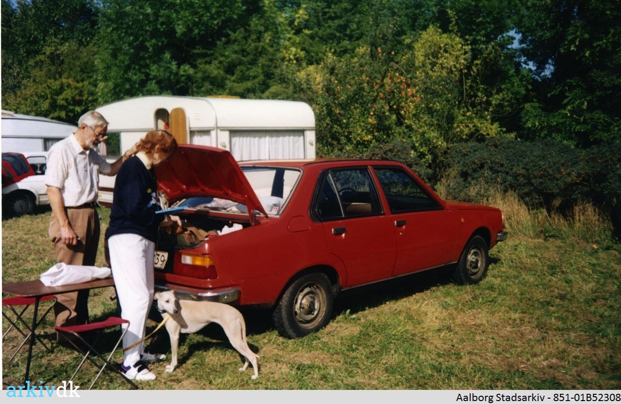 | Mand og står ved en bil med en Greyhound hund.