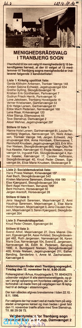 Goneryl Beregning grill arkiv.dk | MENIGHEDSRÅDSVALG I TRANBJERG SOGN. 1996.